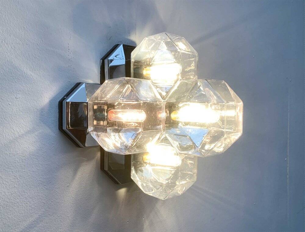 Vintage German wall or ceiling lamp in chrome and glass, space age design by Motoko Ishii for Staff.