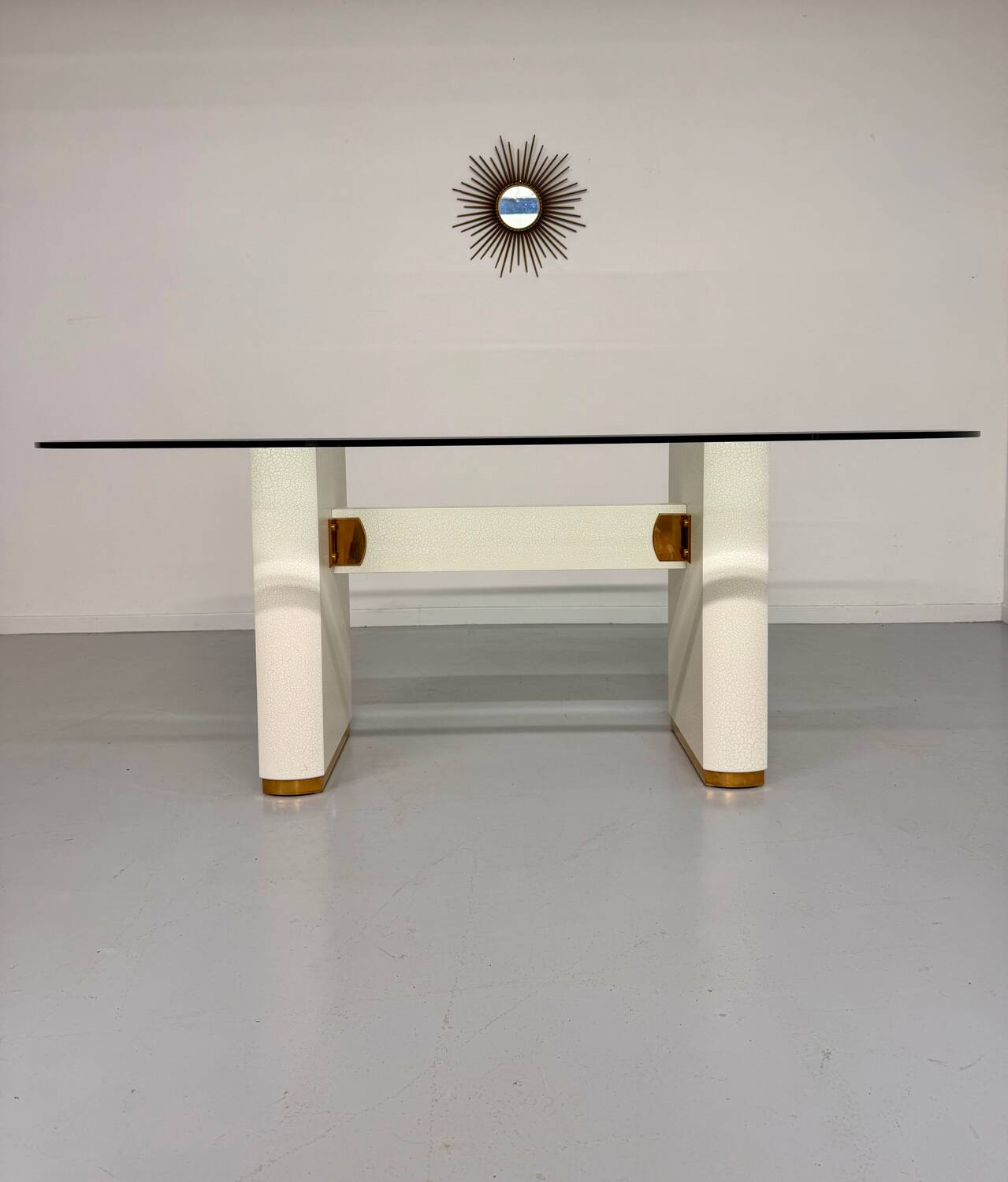 Thonet designer glass dining table with crackled lacquer finish, 1980s vintage