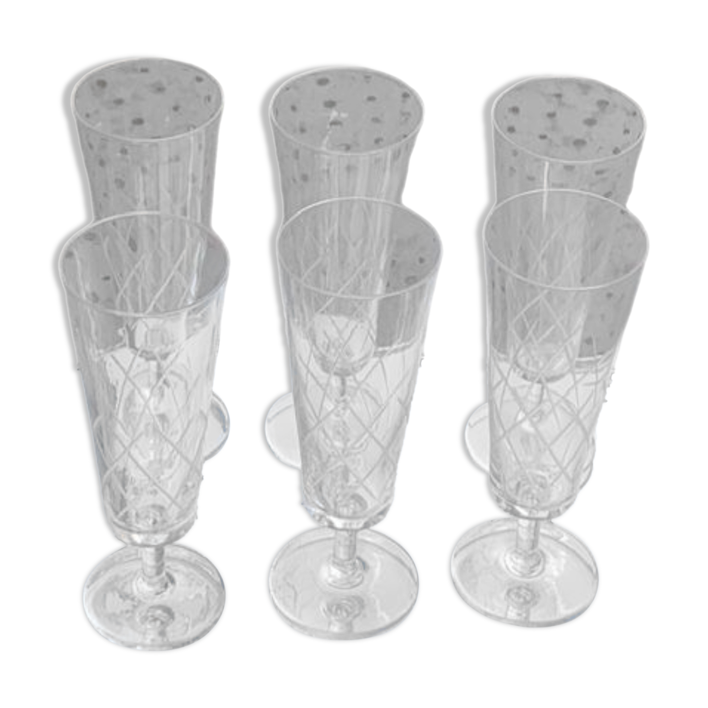 6 champagne flutes in glass and crystal, chiseled, vintage