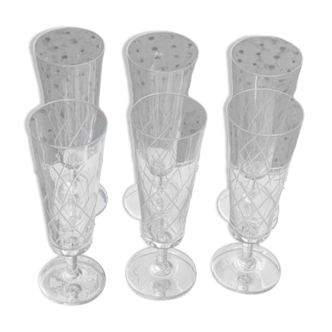 6 champagne flutes in glass and crystal, chiseled, vintage