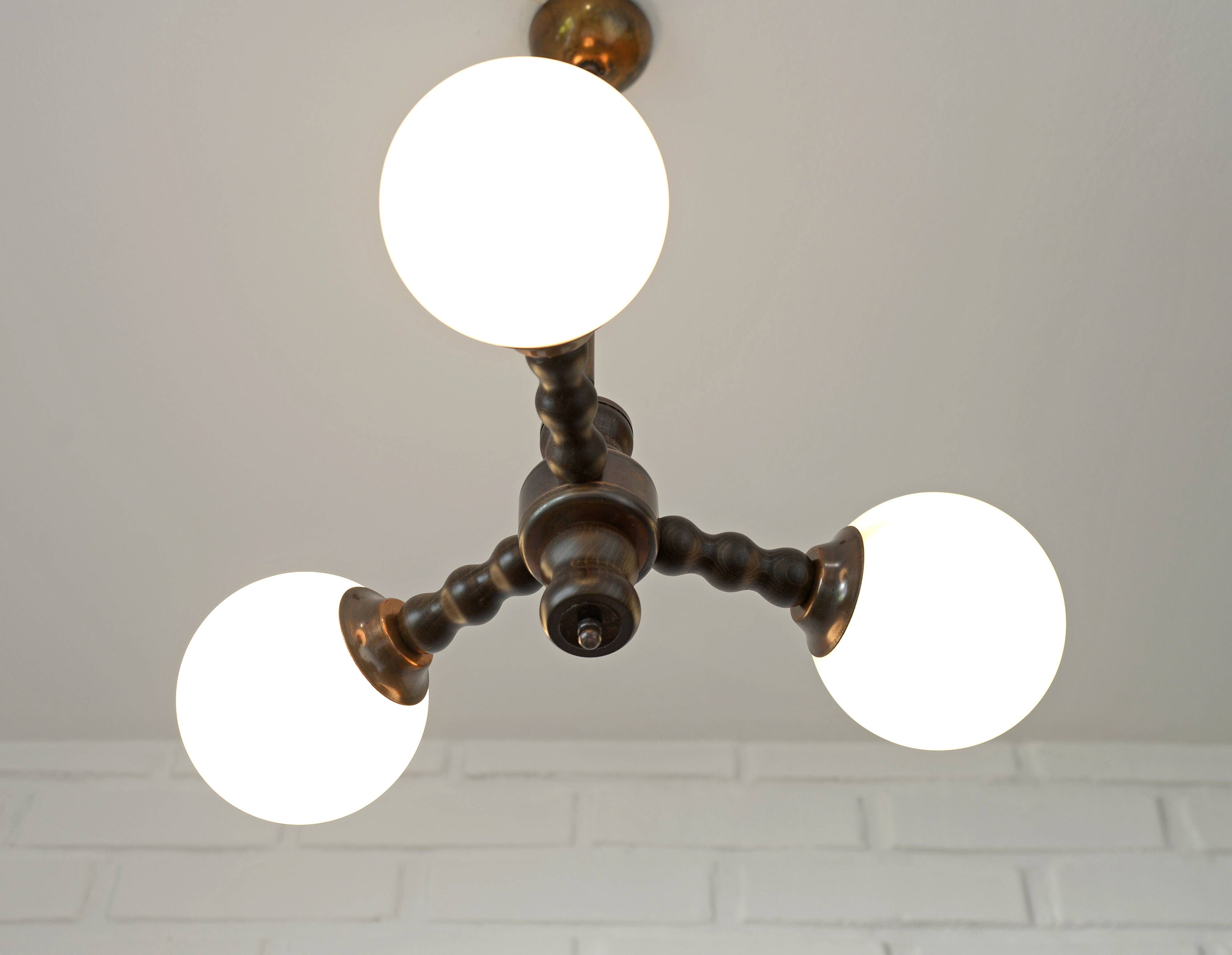 Wooden Sputnik Chandelier Vintage Pendant Lamp Rustic Hanging Light 1970's