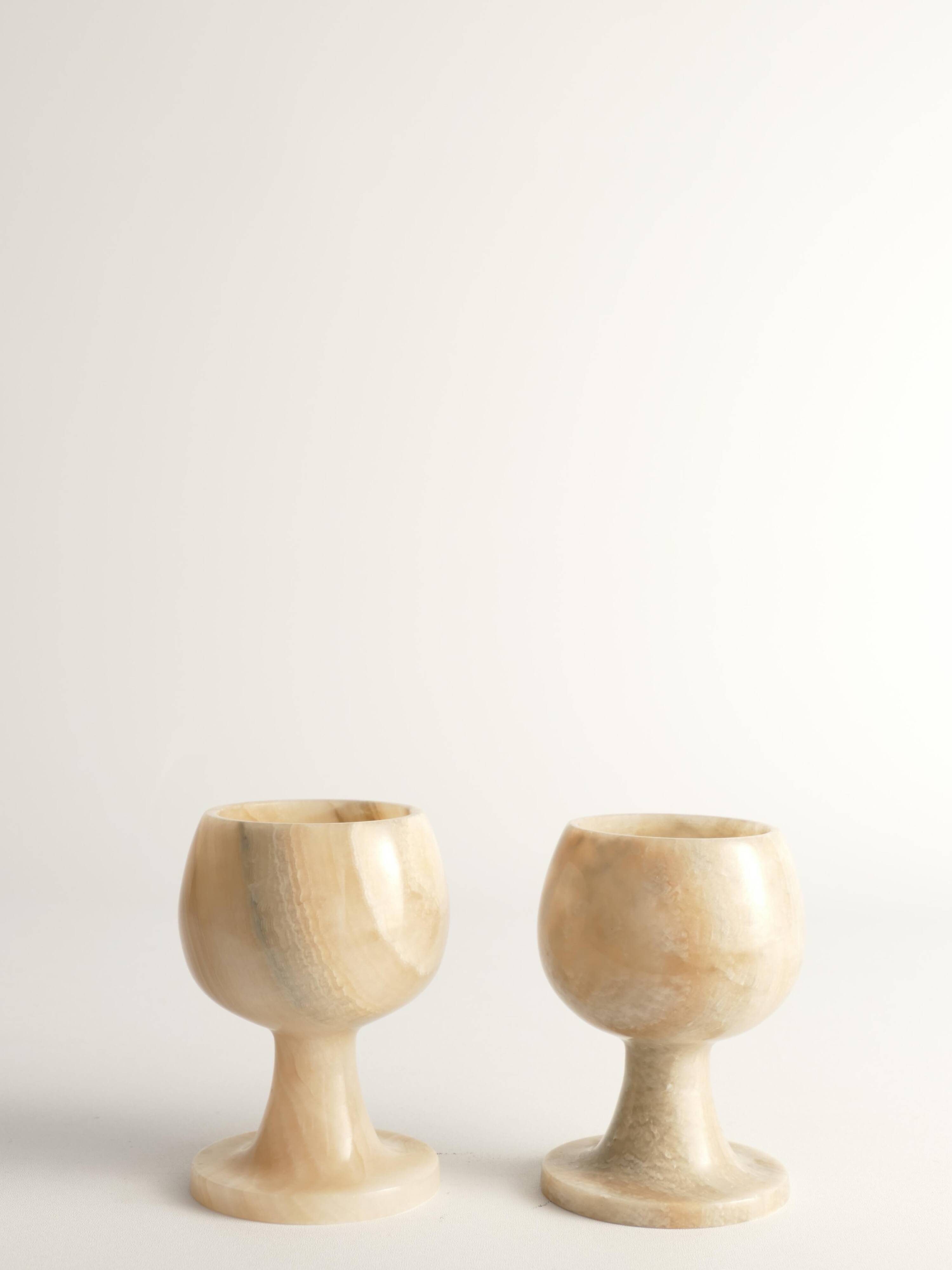 Hand Turned Light Brown Onyx Goblets Candleholders, Set of 2