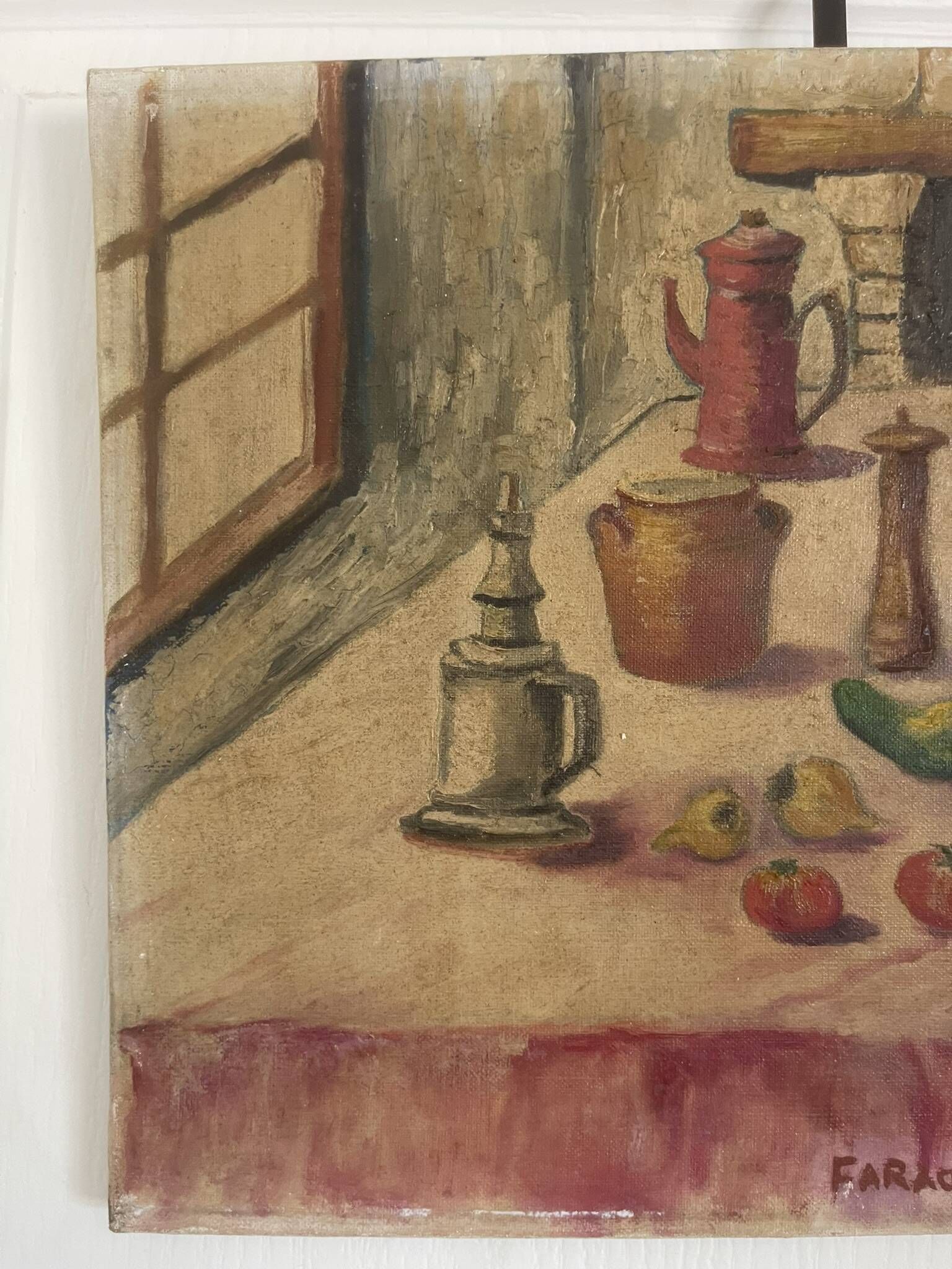 Old oil painting canvas still life kitchen fireplace faraoni