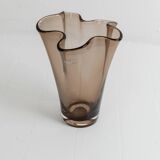 Vintage Murano glass vase from the 1980s, smoky brown, organically wavy shape.