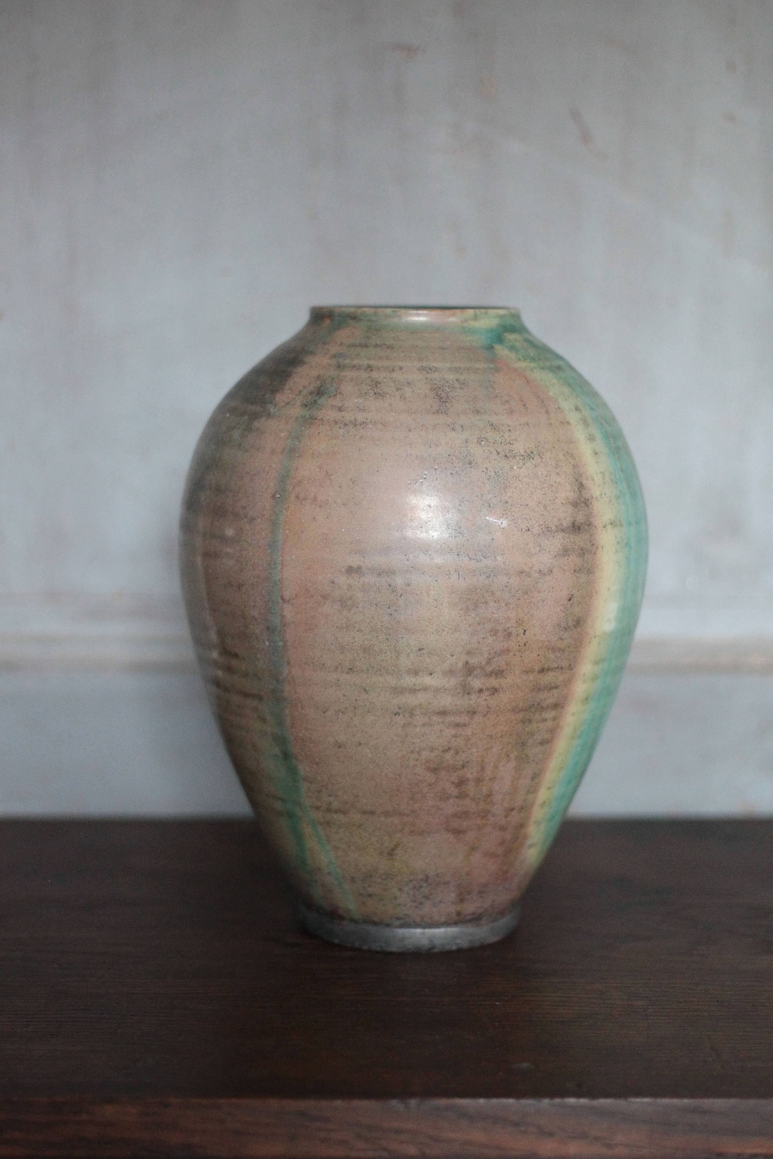 Glazed green ceramic vase signed AB, pottery, flower pot, vase.