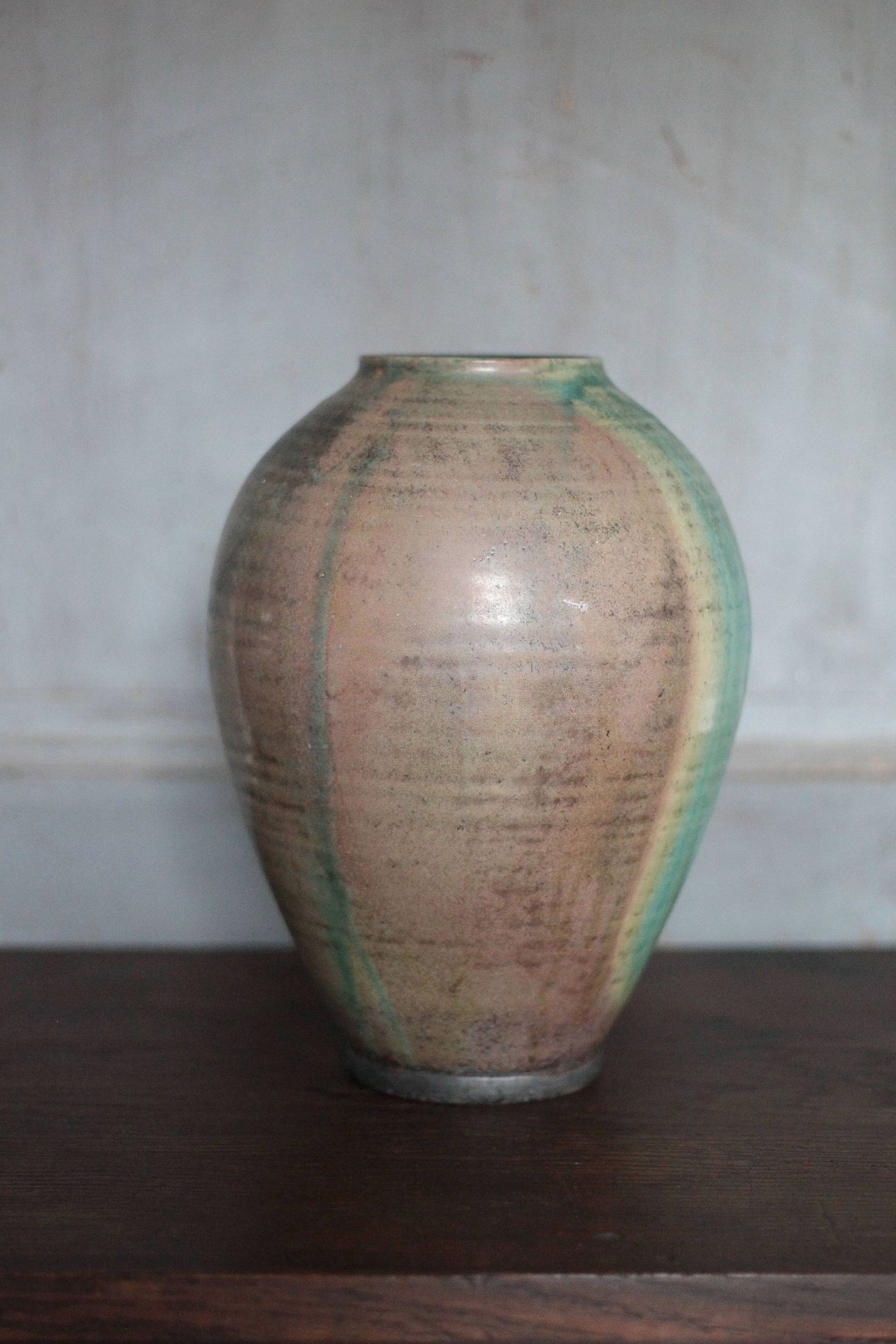 Glazed green ceramic vase signed AB, pottery, flower pot, vase.