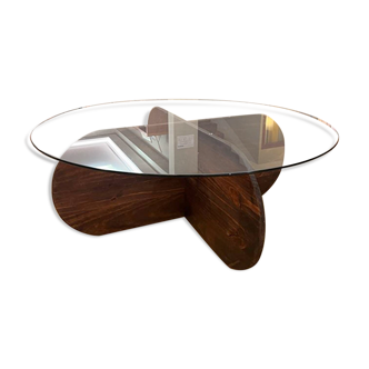 Table basse ronde en verre et en bois massif