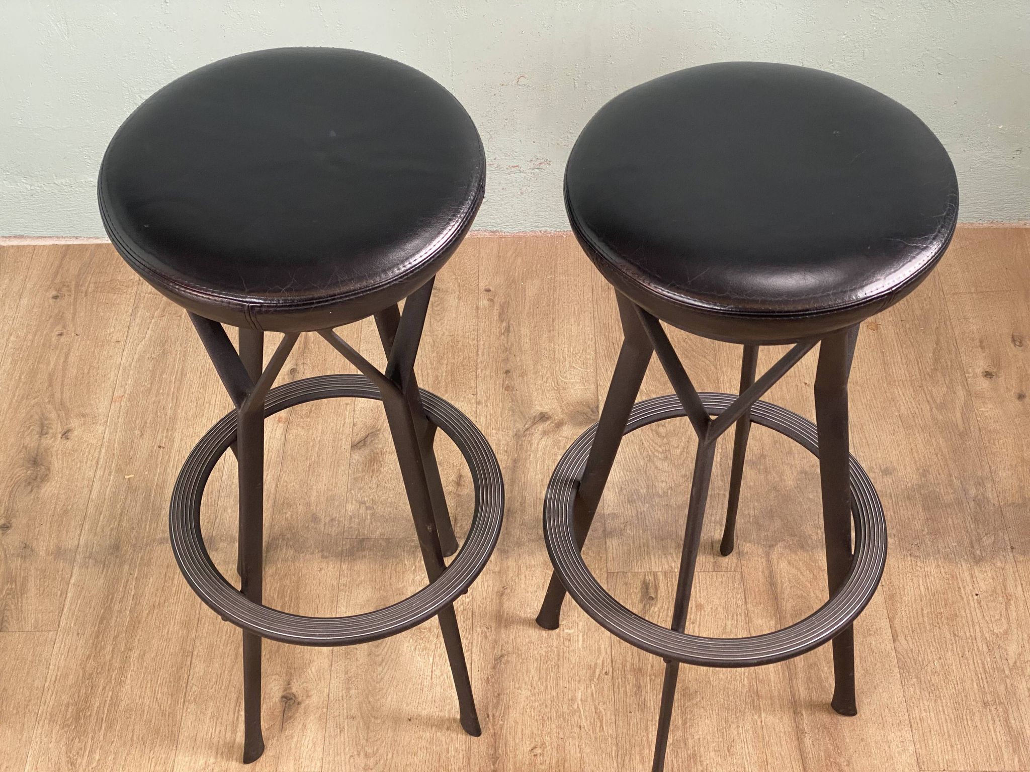 2 Yamakado designer swivel stools in black leather