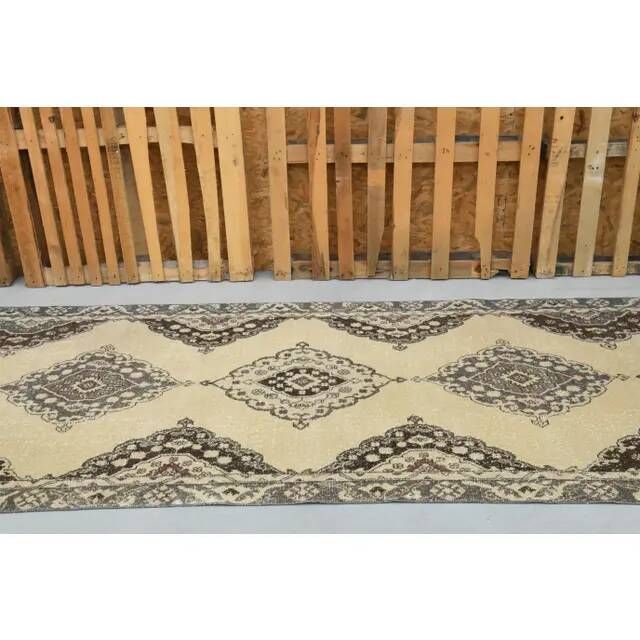 1970s Vintage Turkish Hand-Knotted Wool & Cotton Beige Rug 136x388