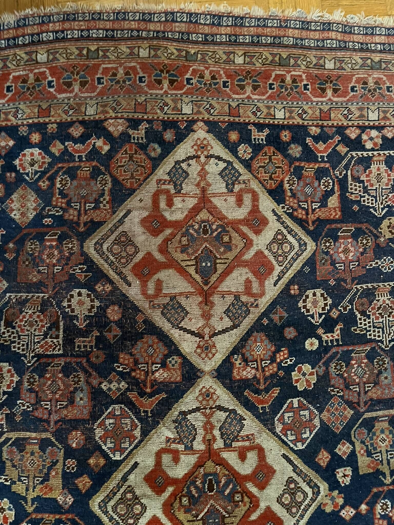 Antique handmade Persian Qashqai nomadic rug – blue background 94x112cm