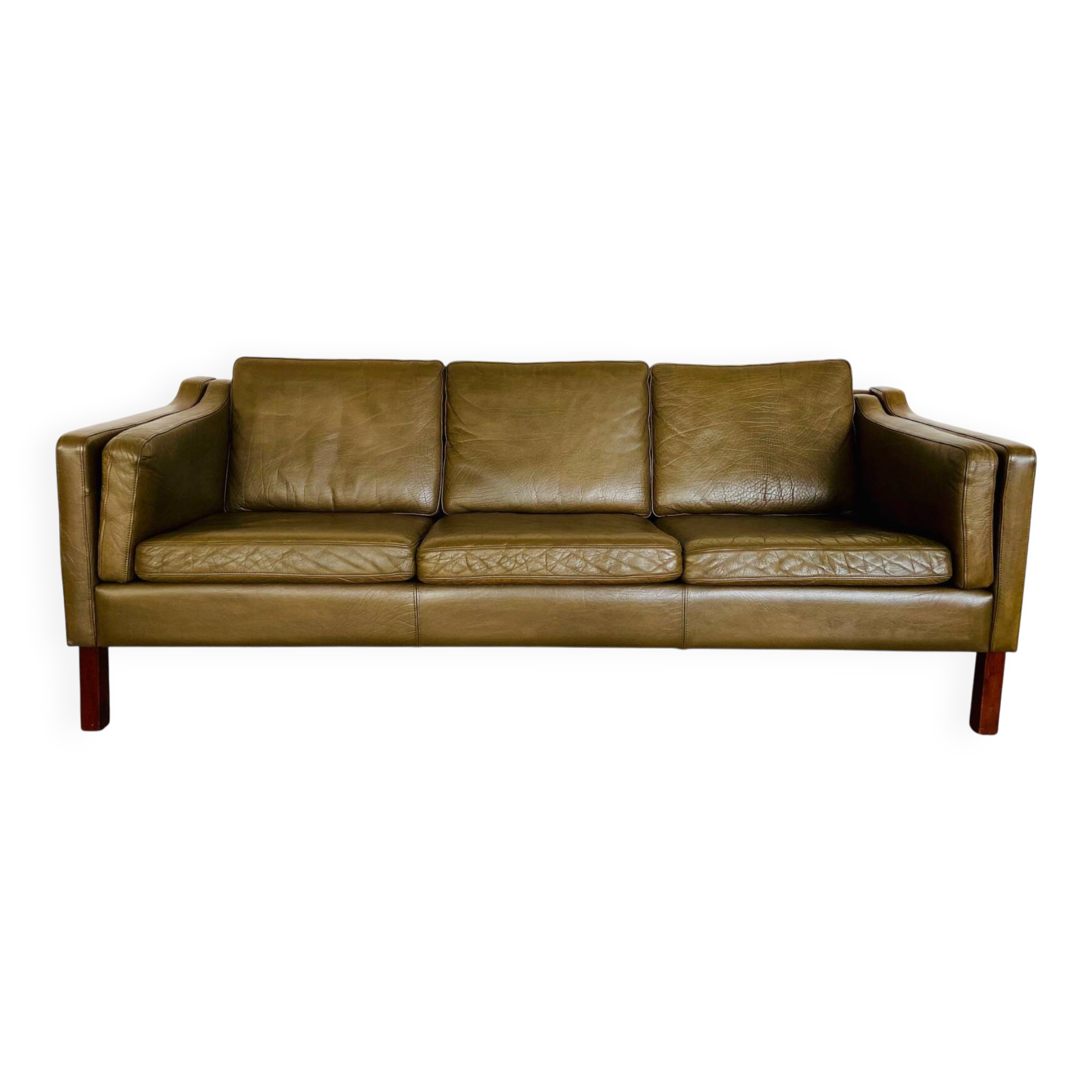 Canapé en cuir vert olive de Mogens Hansen, vintage danois des années 1960, pour 3 personnes.