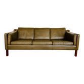 Mogens Hansen vintage Danish mid-century 3-person olive green leather sofa 1960s