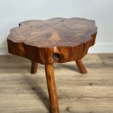 Brutalist coffee table, elm slice, tripod, 1960s