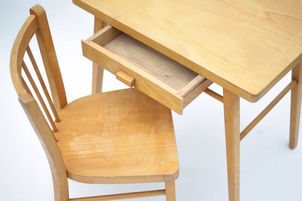 Bureau Baumann vintage, bureau enfant bois avec chaise, bureau avec tiroirs