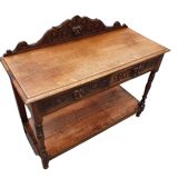Victorian Gothic Oak side table, decorative carved round 1920. Green Mask decoration