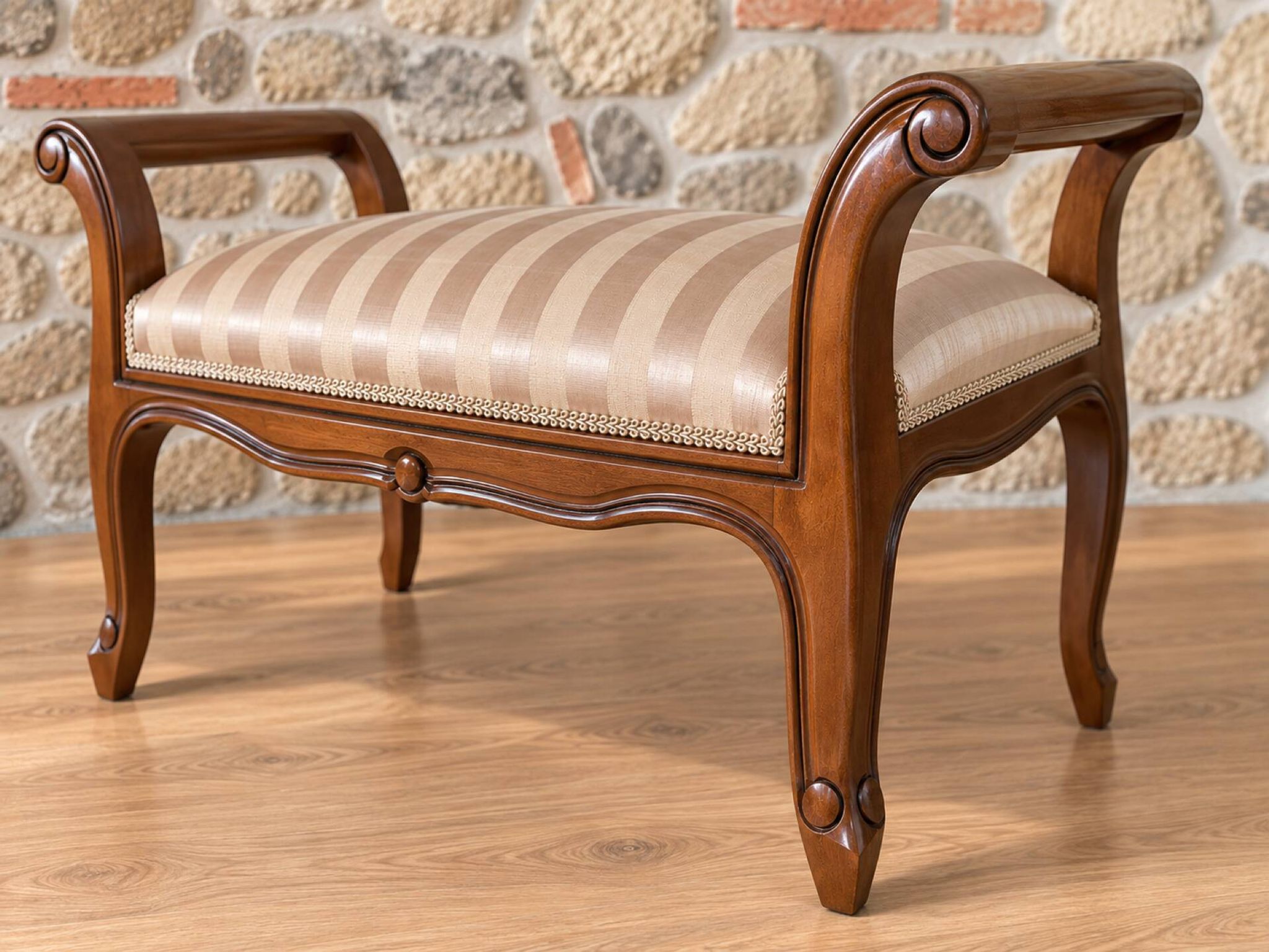 Two-seater bench in carved wood, with curved armrests.
