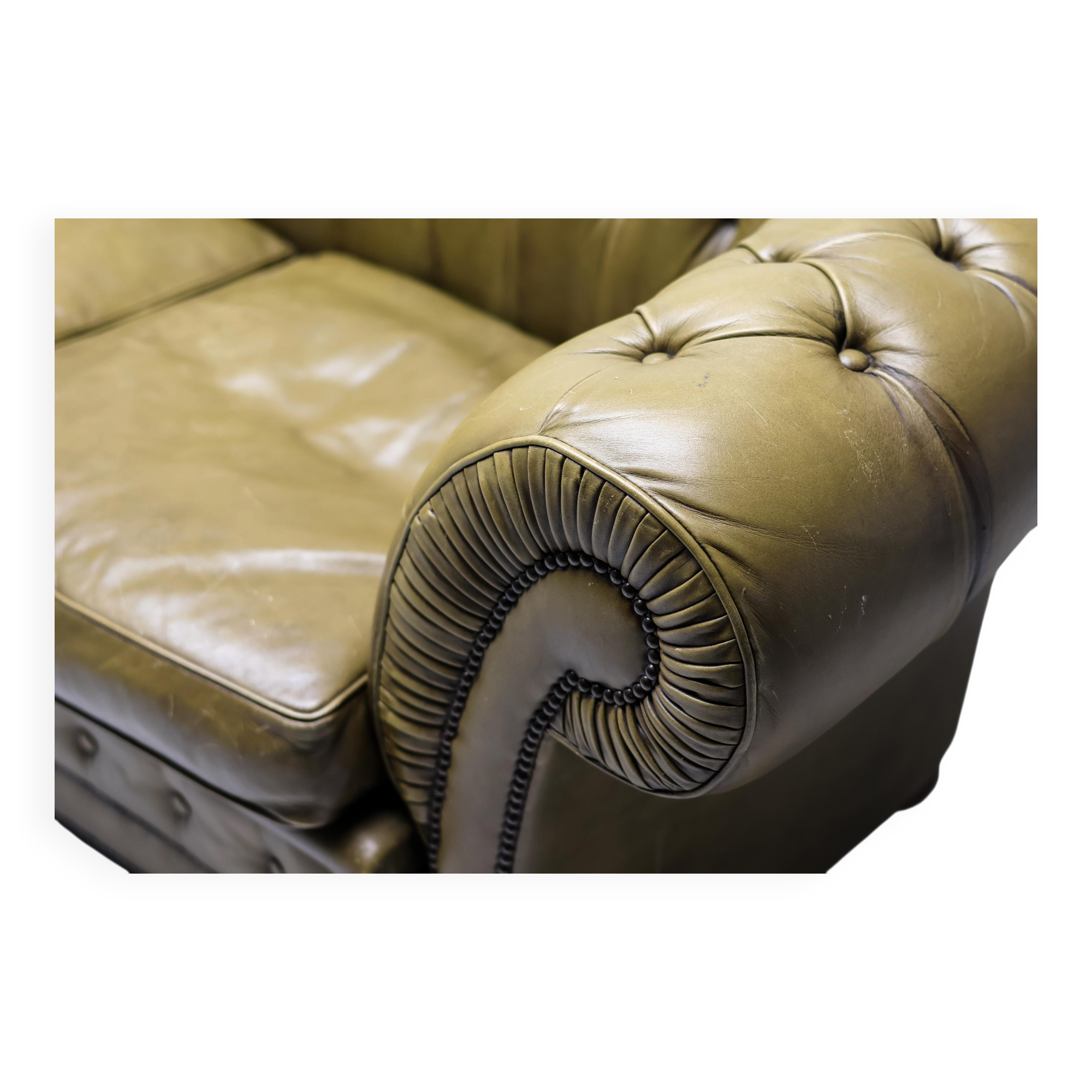 Vintage mid-century Chesterfield sofa in Greene & Greene leather.