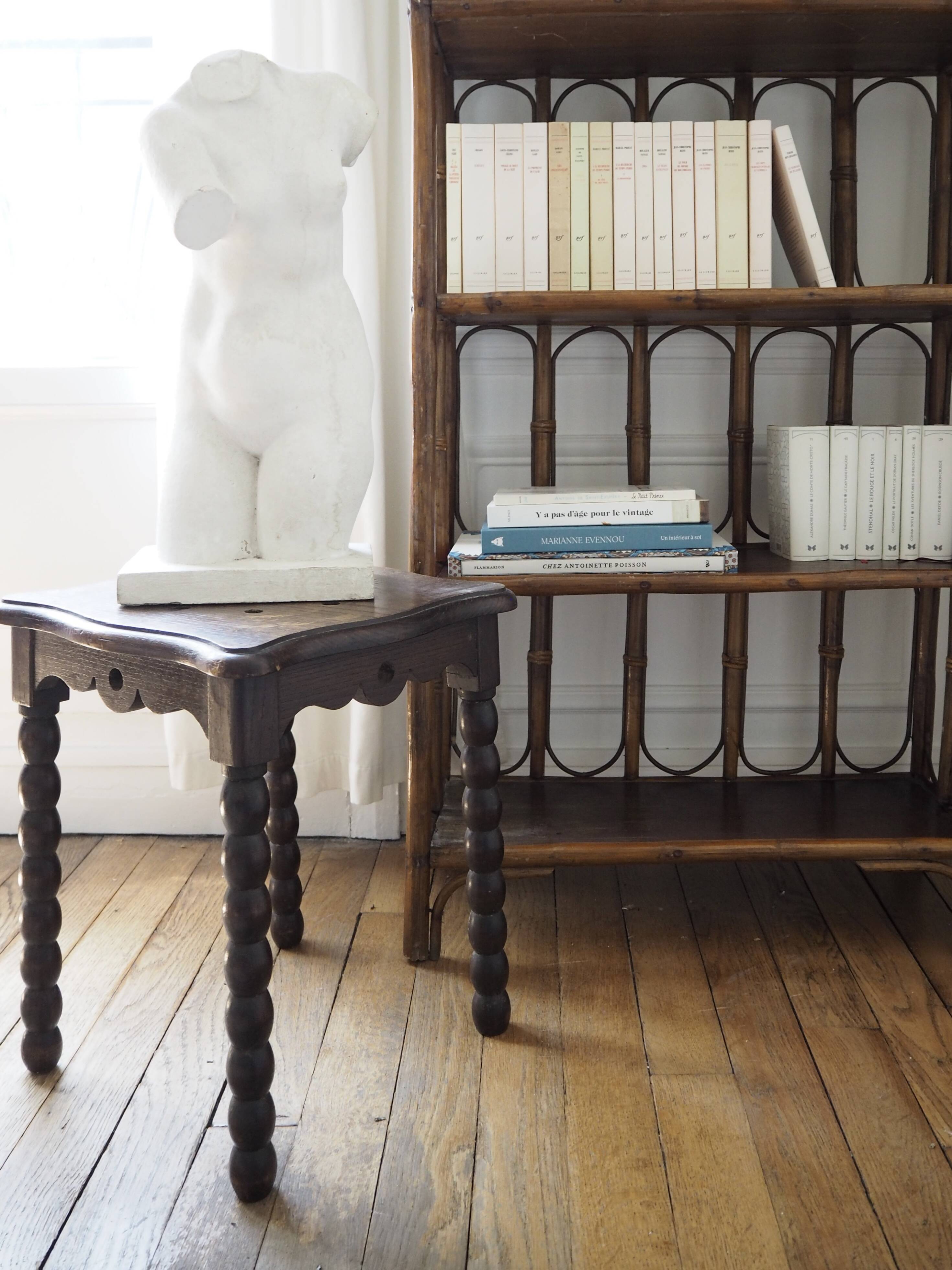 Oak stool with beaded spool legs