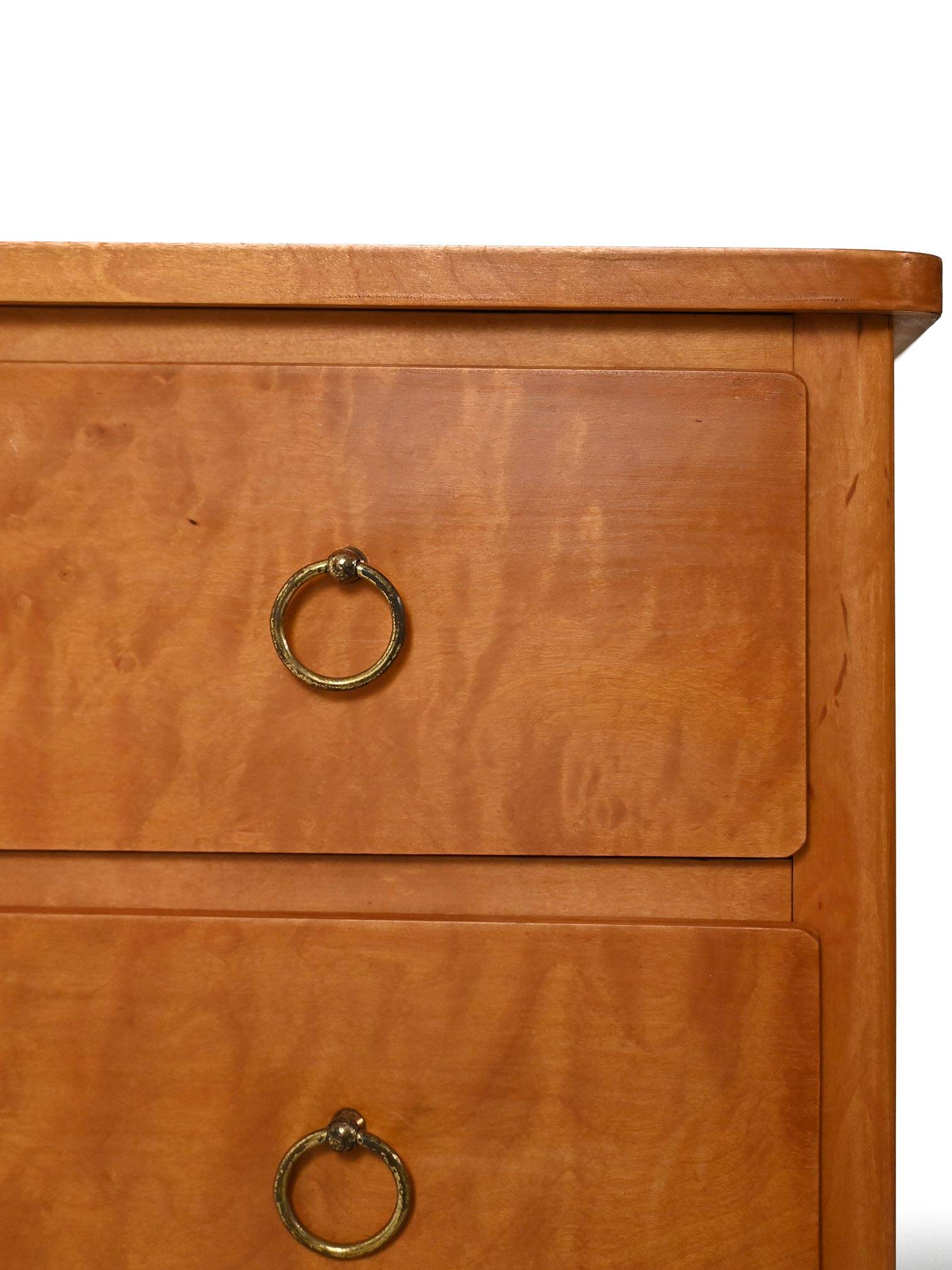 Scandinavian 1950s birch chest of drawers with brass handles