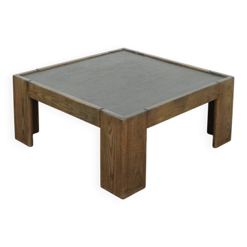 Table basse belge brutaliste en chêne et pierre