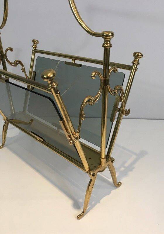 Neoclassical magazine rack in brass and blue glass