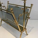 Neoclassical magazine rack in brass and blue glass