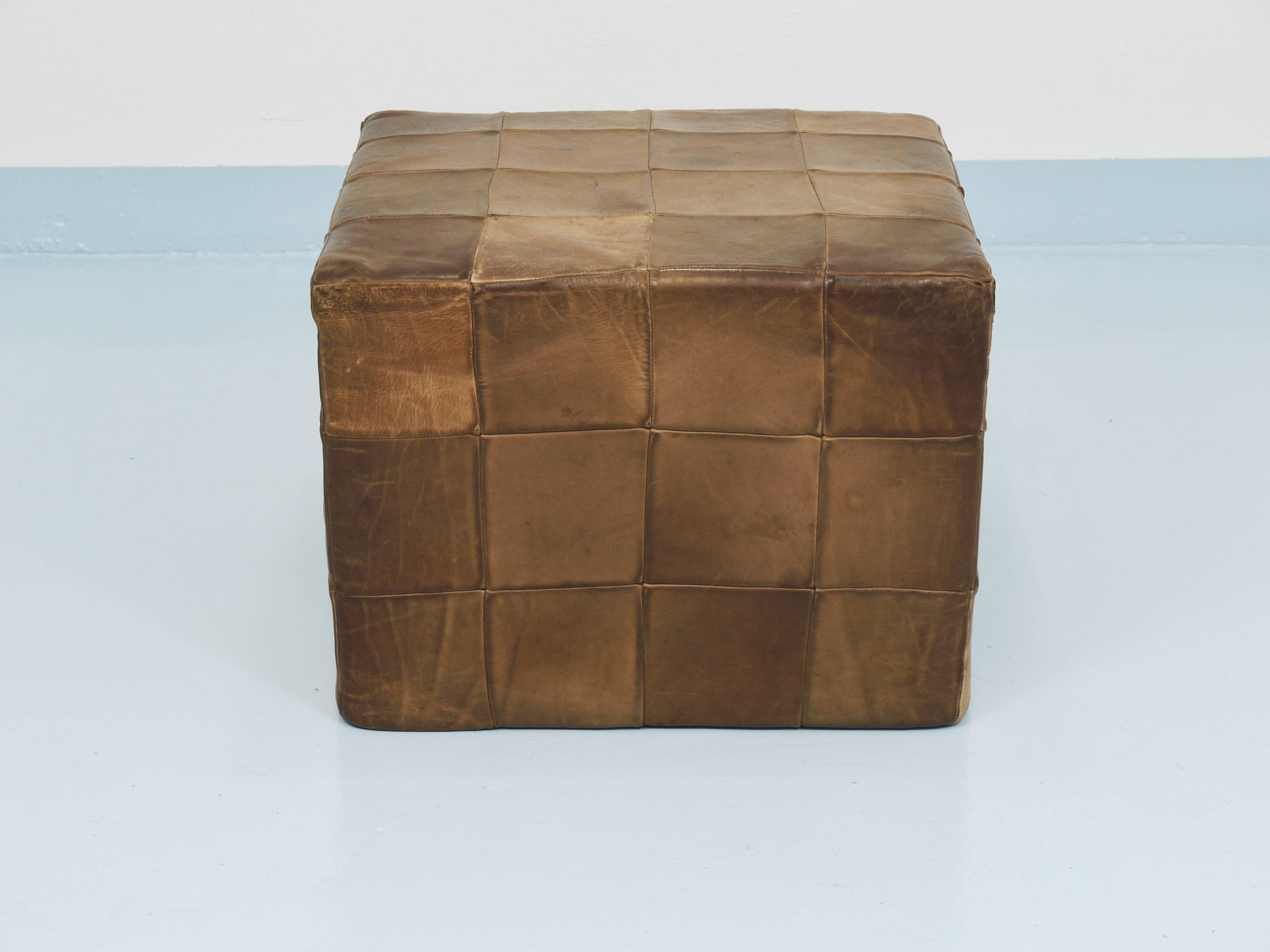 De Sede Patchwork Leather Cube Stool, Pouf, Ottoman, Switzerland, 1970s