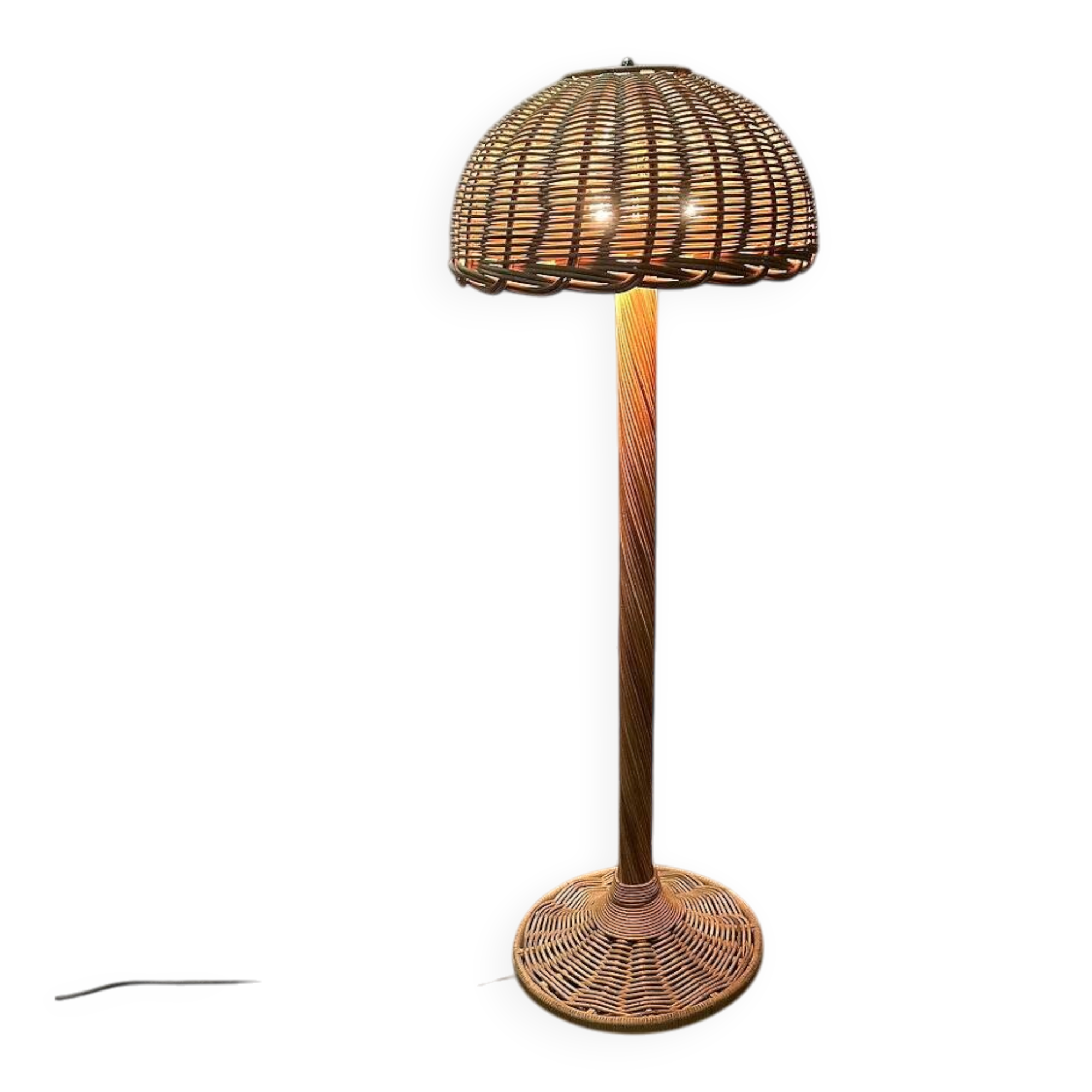 Large French rattan floor lamp, mushroom shade, vintage wicker standing lamp