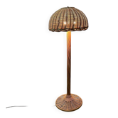 Large French rattan floor lamp, mushroom shade, vintage wicker standing lamp
