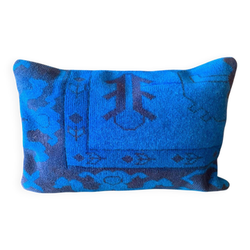 Electric Blue Vintage Turkish Rug Pillow, Hand-Stitched Wool Cushion