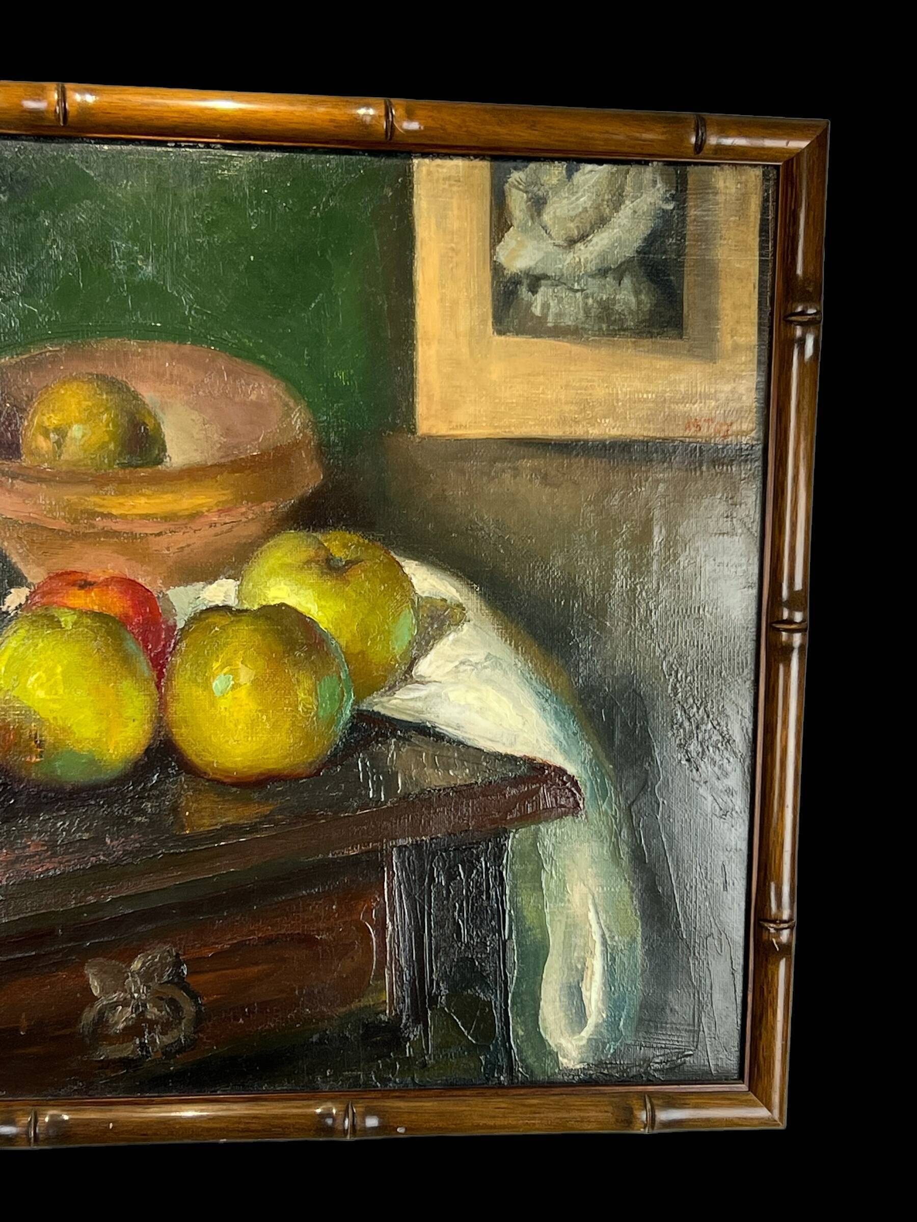 Painting, oil on canvas, still life with apples with bamboo frame