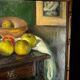 Painting, oil on canvas, still life with apples with bamboo frame