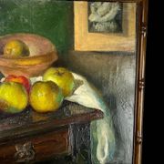 Painting, oil on canvas, still life with apples with bamboo frame