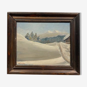 Tableau ancien, paysage de neige signé XX siècle