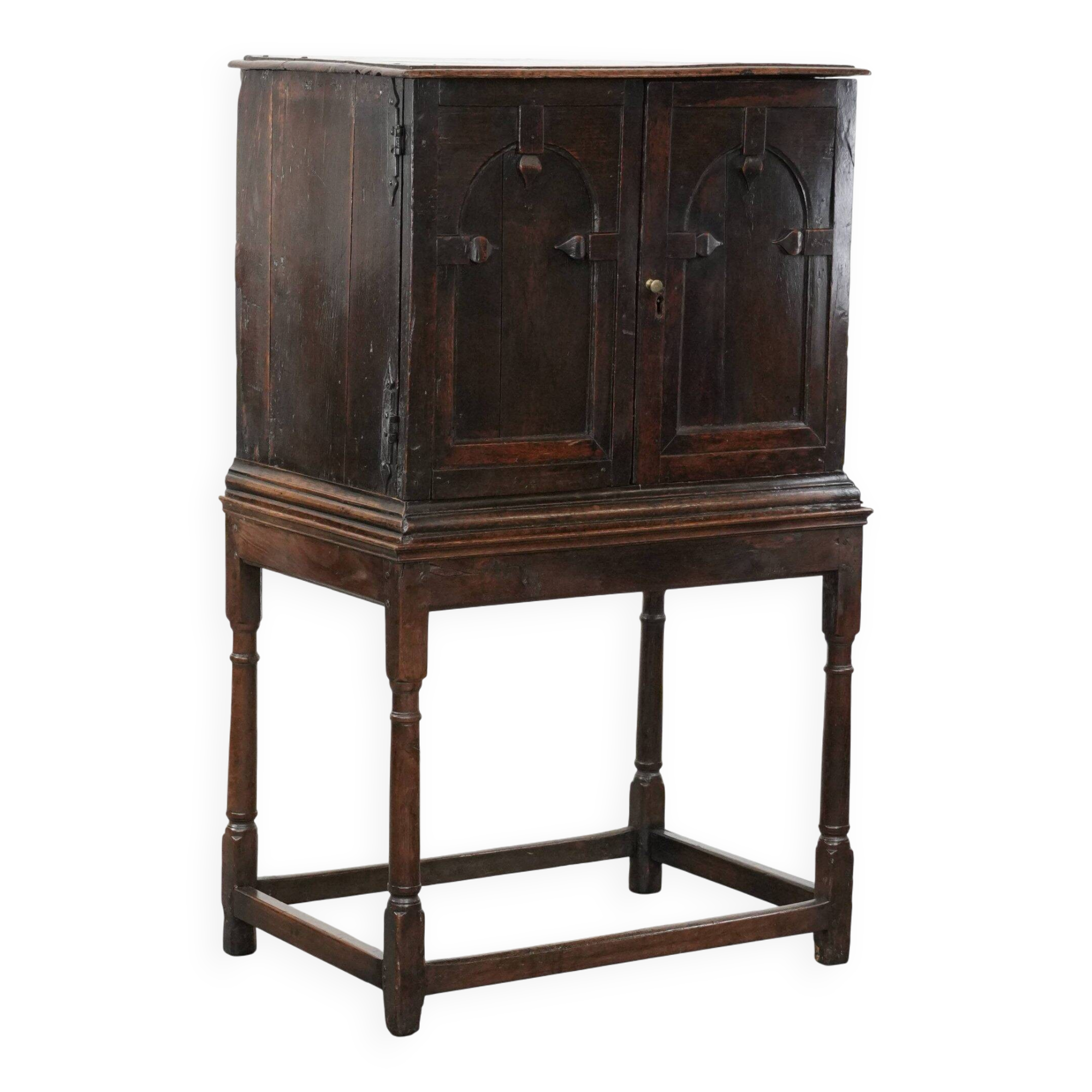 Unique antique English cabinet on stand made of oak from the 17th century