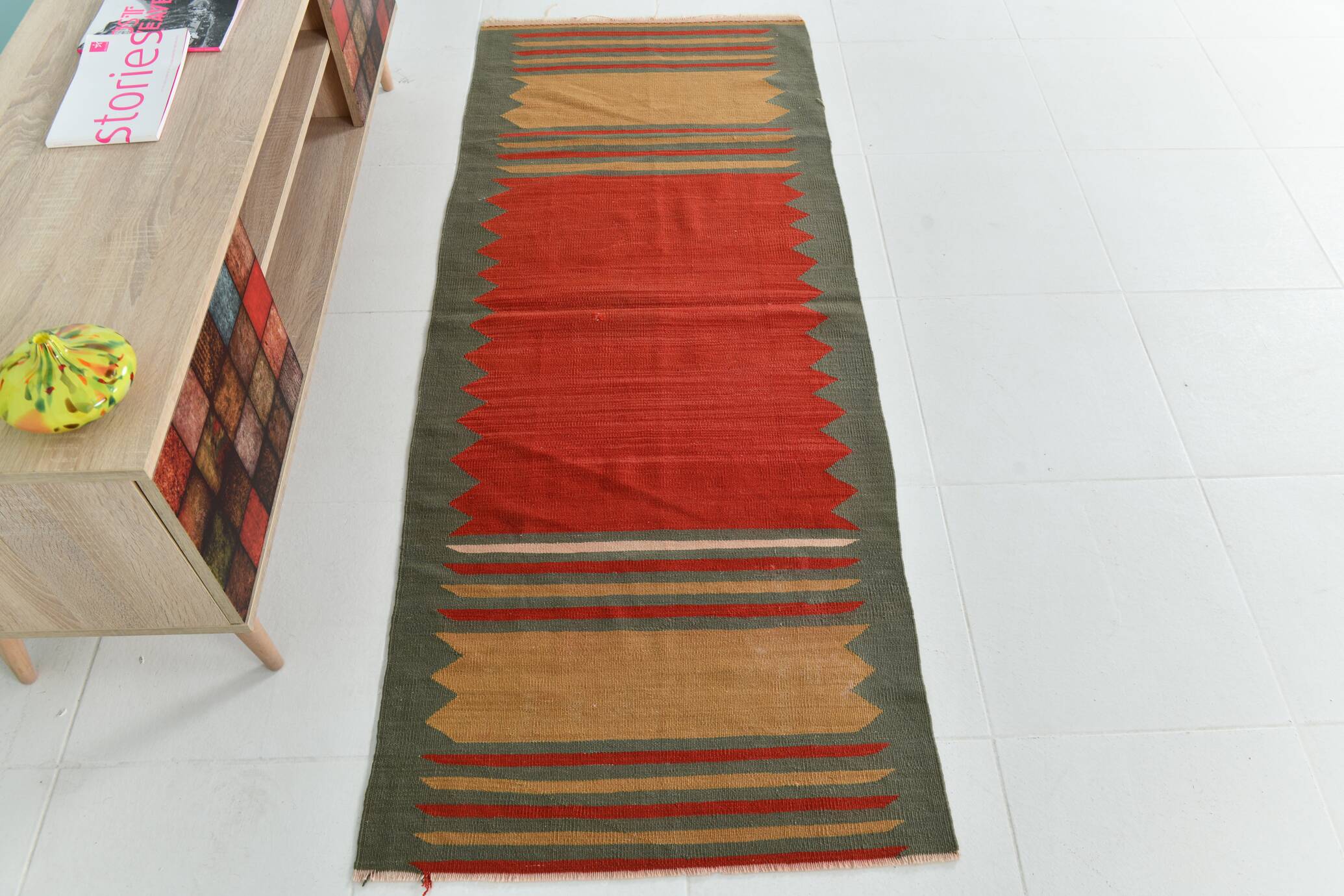 2x6 Red & Green Short Kilim Runner Rug, 73x188Cm