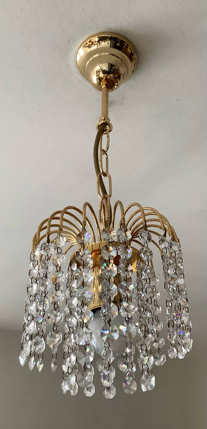 Small vintage brass chandelier with crystal droplets