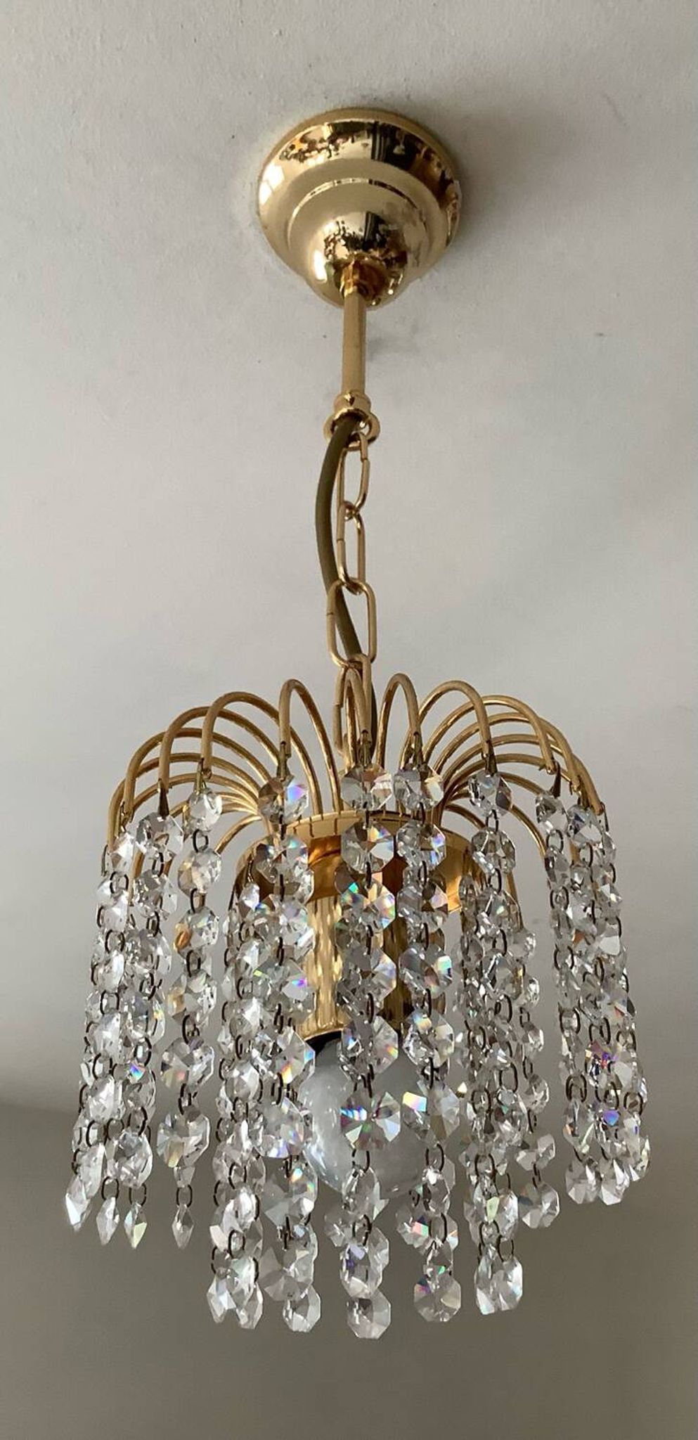 Small vintage brass chandelier with crystal droplets