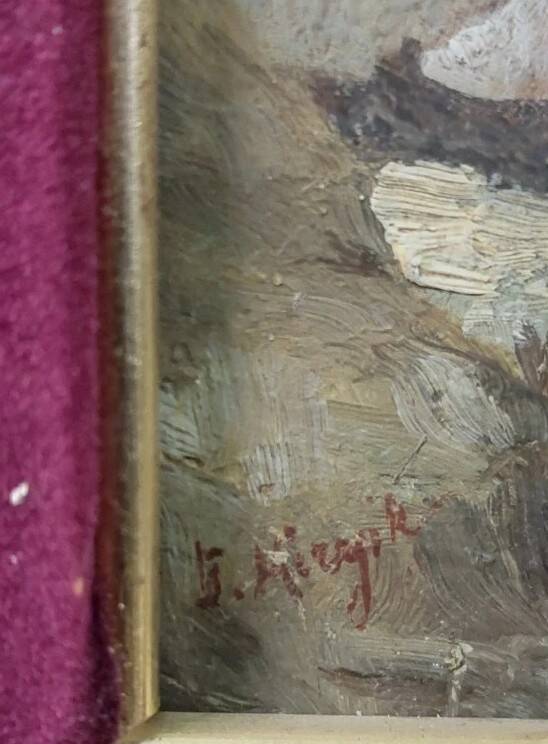 Antique 19th century wood panel, signed oil painting, popular scene