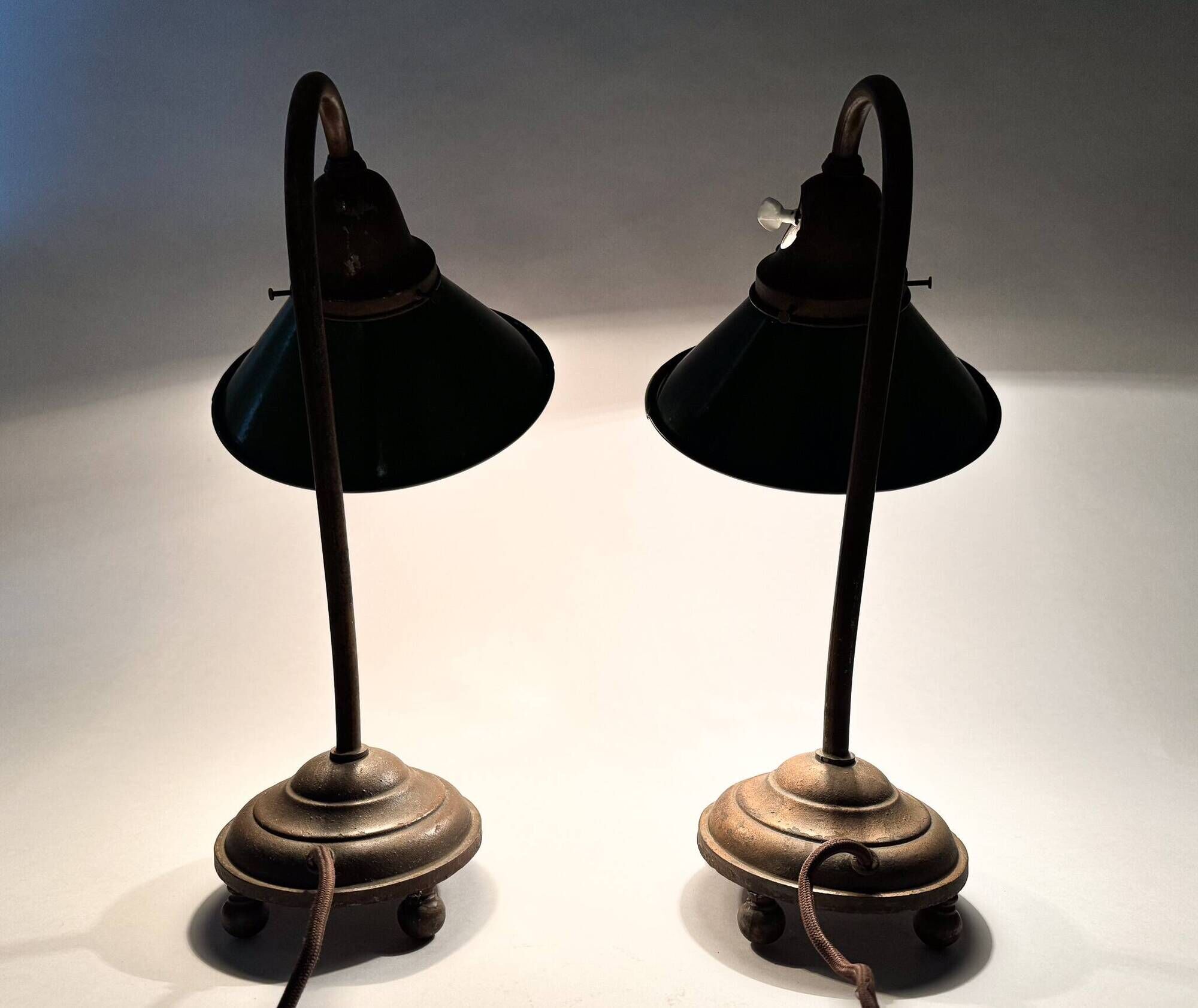 Pair of Unique 1920's Enamel & Cast Iron Desk Lamps, Czechoslovakia