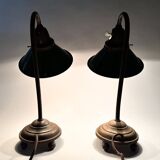 Pair of Unique 1920's Enamel & Cast Iron Desk Lamps, Czechoslovakia