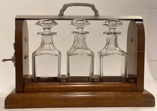 Cave Art déco portative à liqueur acajou & métal 3 flacons cristal Baccarat