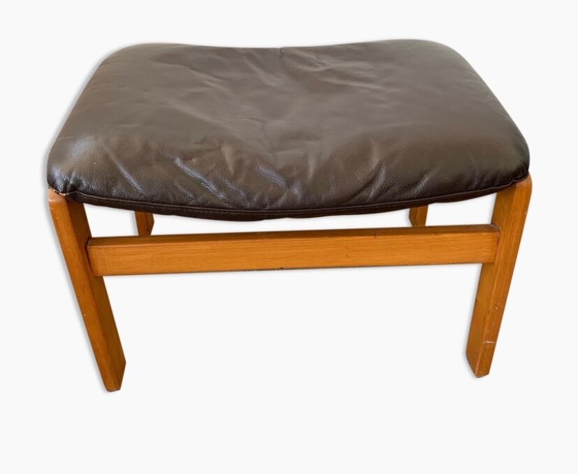 Scandinavian leather and wood ottoman