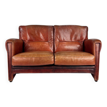 Vintage Thick Leather 2 Seat Sofa, 1980s