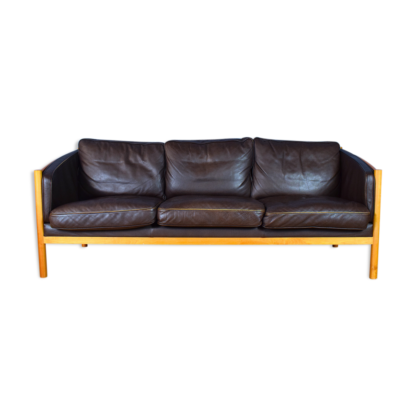 Stouby brown leather & cherry wood 3 seat sofa 1970s