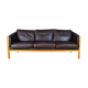 Stouby brown leather & cherry wood 3 seat sofa 1970s