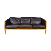 Stouby brown leather & cherry wood 3 seat sofa 1970s