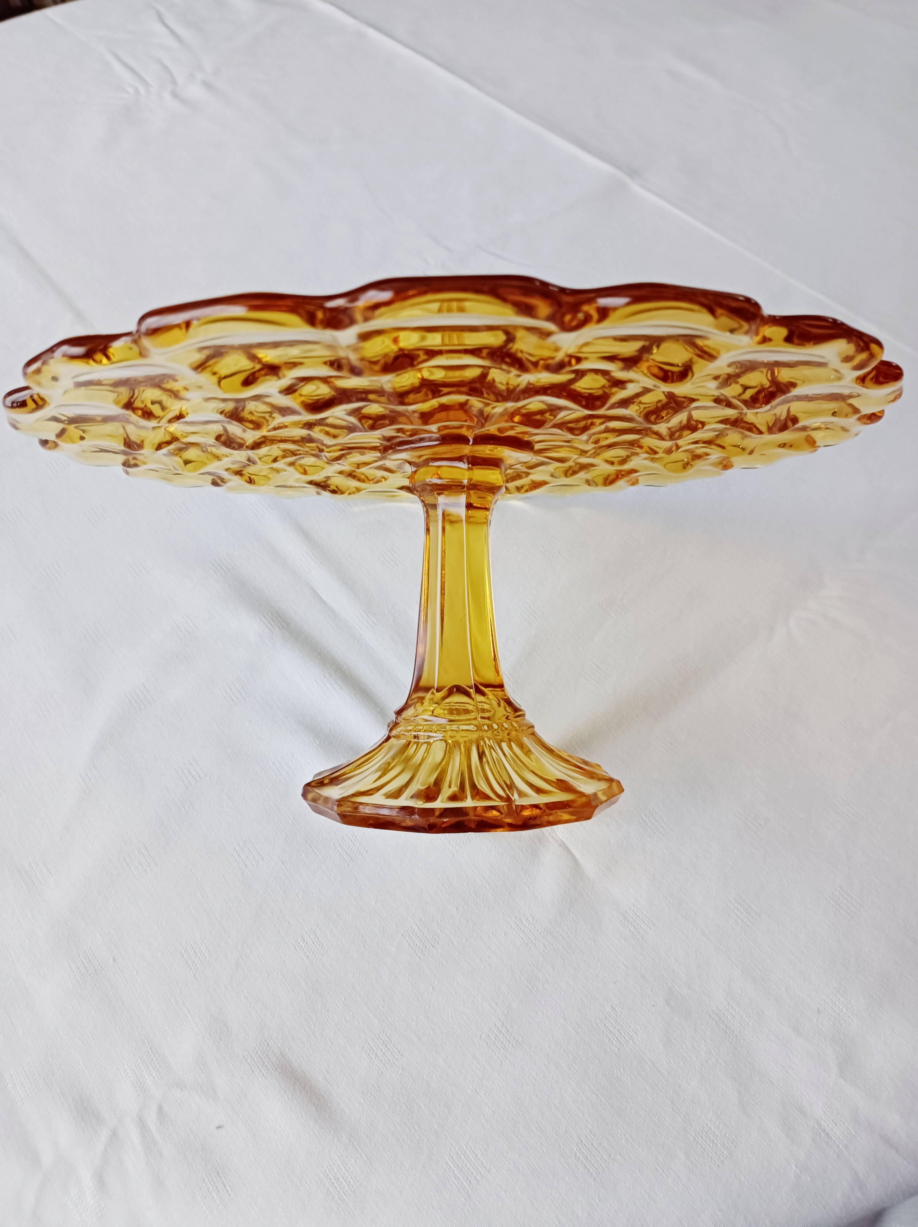Cake stand, glass pedestal plate Bernsdorf depression style