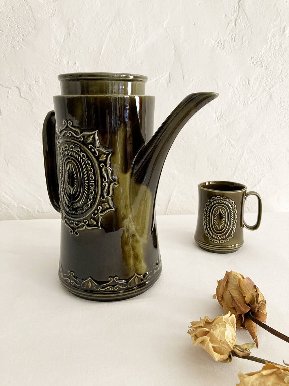 Furnivals porcelain coffee pot and 5 cup set, Made in England