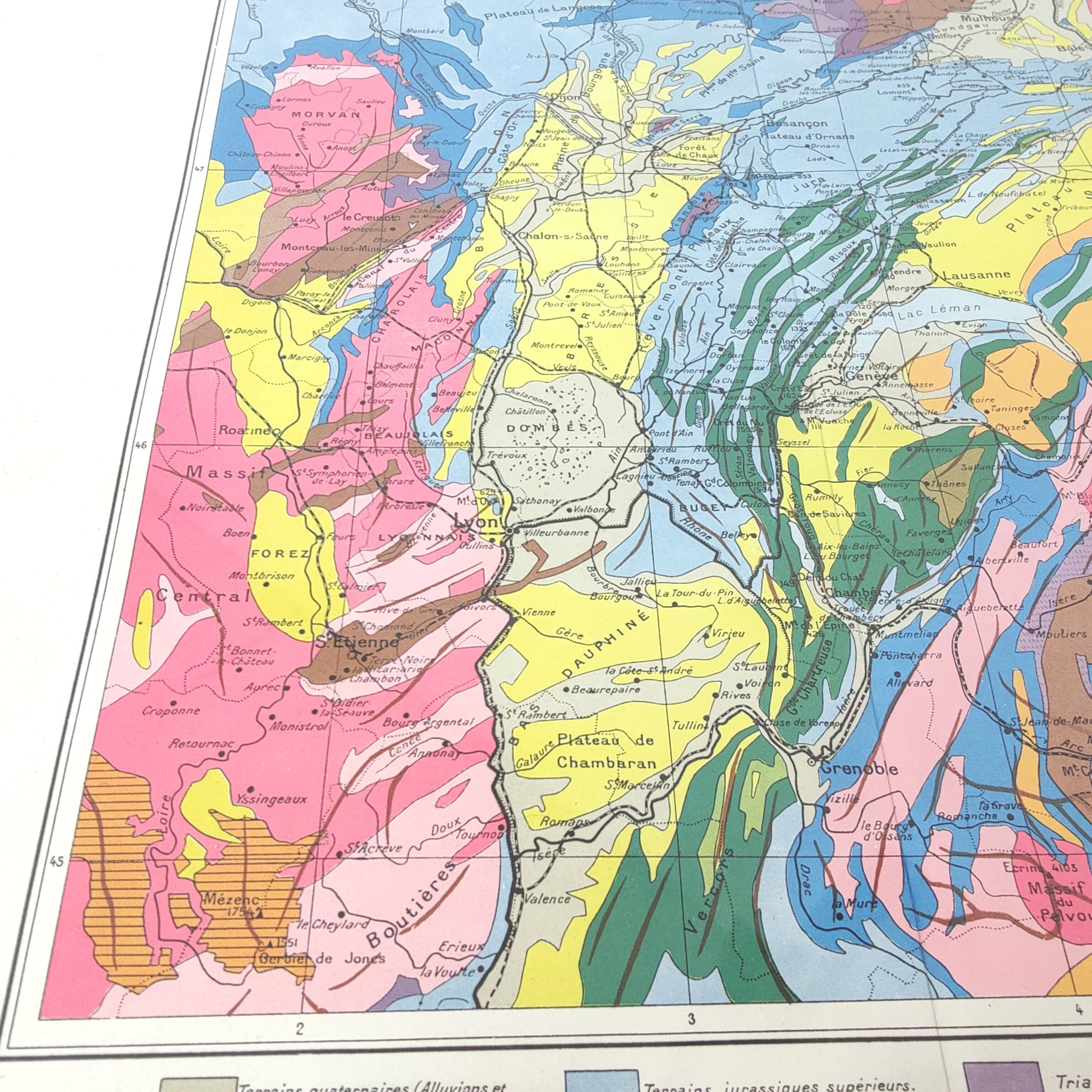 Vintage map of Jura France Switzerland 43x43cm from 1950